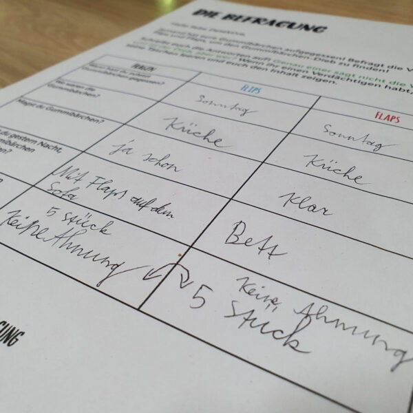 Befragung der Verdächtigen im Gummibärchen-Diebstahl-Detektivfall