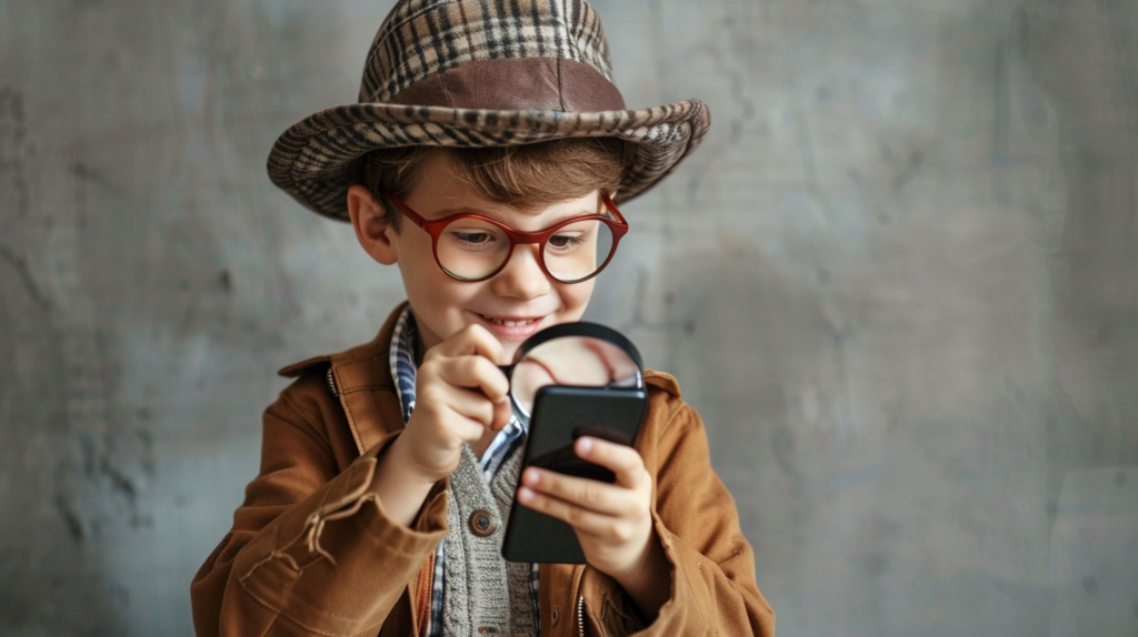 Kleiner Detektiv mit Smartphone und Lupe