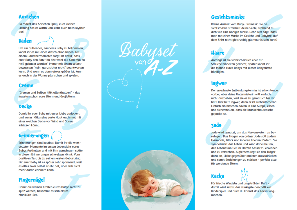 Babyset von A-Z - Variante Junge - Flyer für Geschenk für Geburt, Babyparty oder Babyshower