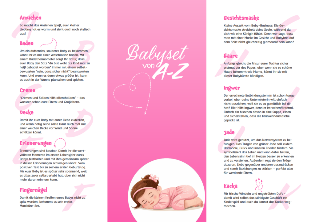 Babyset von A-Z - Variante Mädchen - Flyer für Geschenk für Geburt, Babyparty oder Babyshower