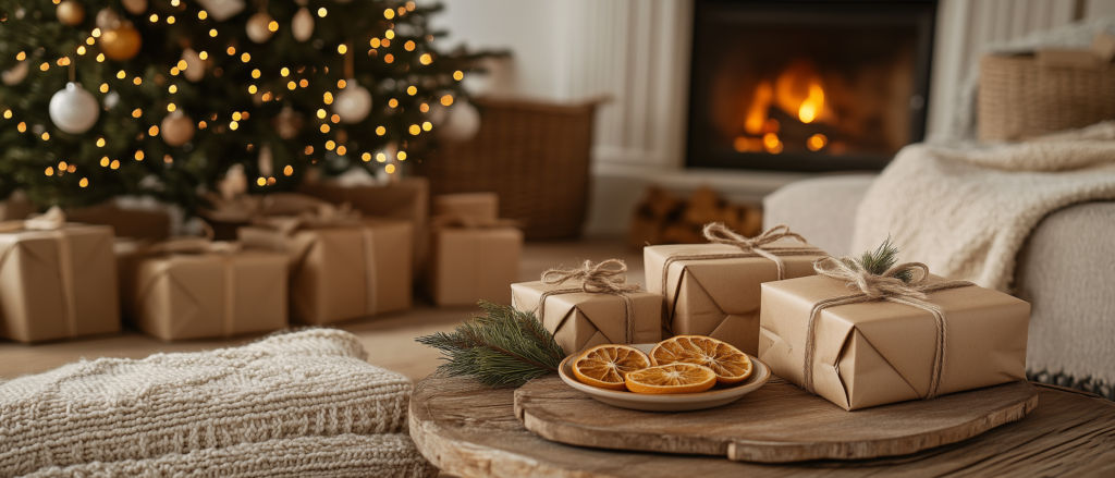 Gemütliche Weihnachtsszene in einem rustikalen Wohnzimmer mit einem natürlich geschmückten Holzbaum, verziert mit nachhaltigen Dekorationen wie getrockneten Orangenscheiben und Zimtstangen. Unter dem Baum liegen Geschenke in recyceltem Papier mit einfachen Schnur-Schleifen. Im Hintergrund leuchten energieeffiziente LED-Lichter, während ein Kamin und handgemachte Dekorationen eine warme, nachhaltige Atmosphäre schaffen.